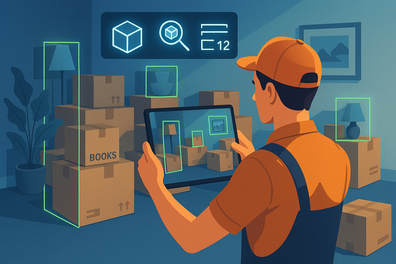a person with an ipad scanning moving boxes and inventory for calculation