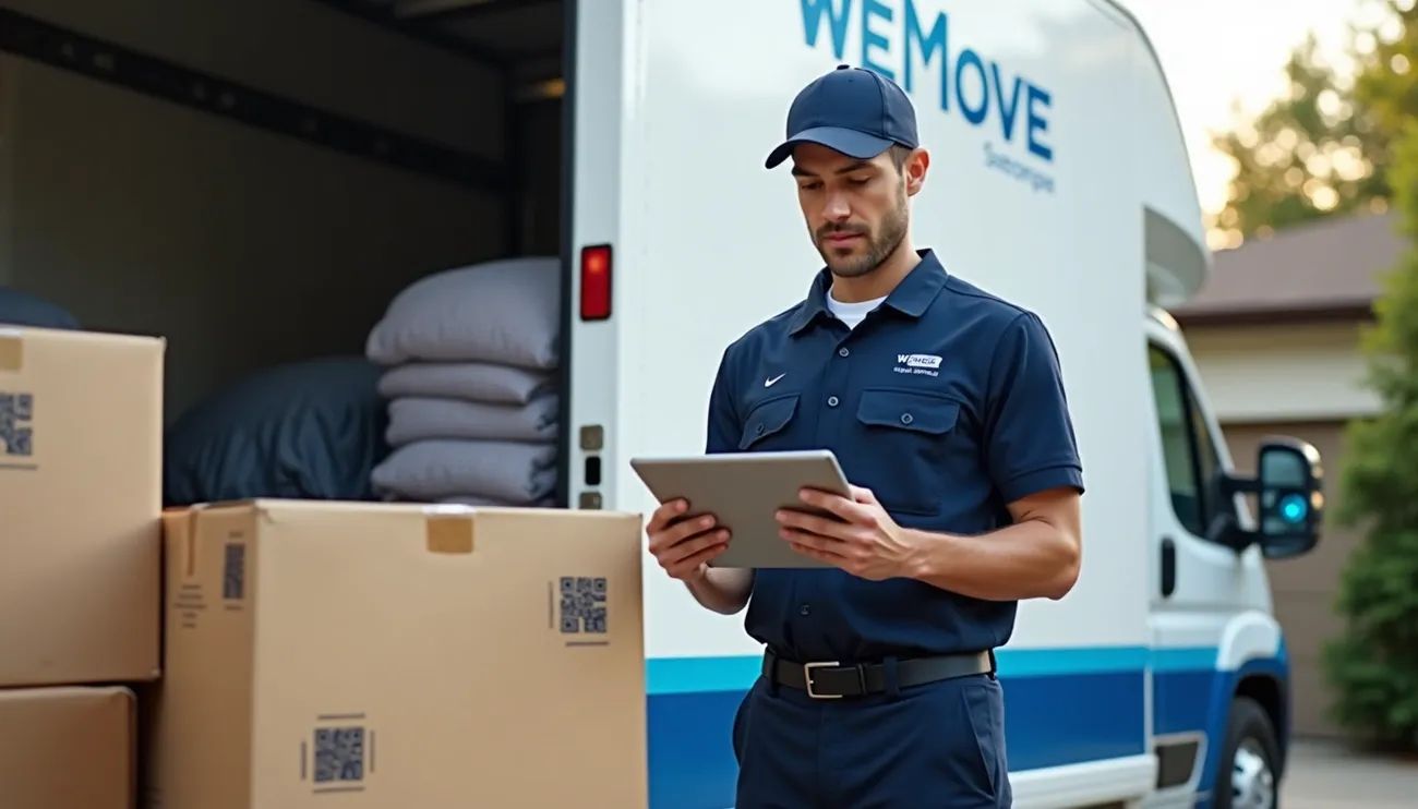 person standing in front of a wemove moving truck with an ipad