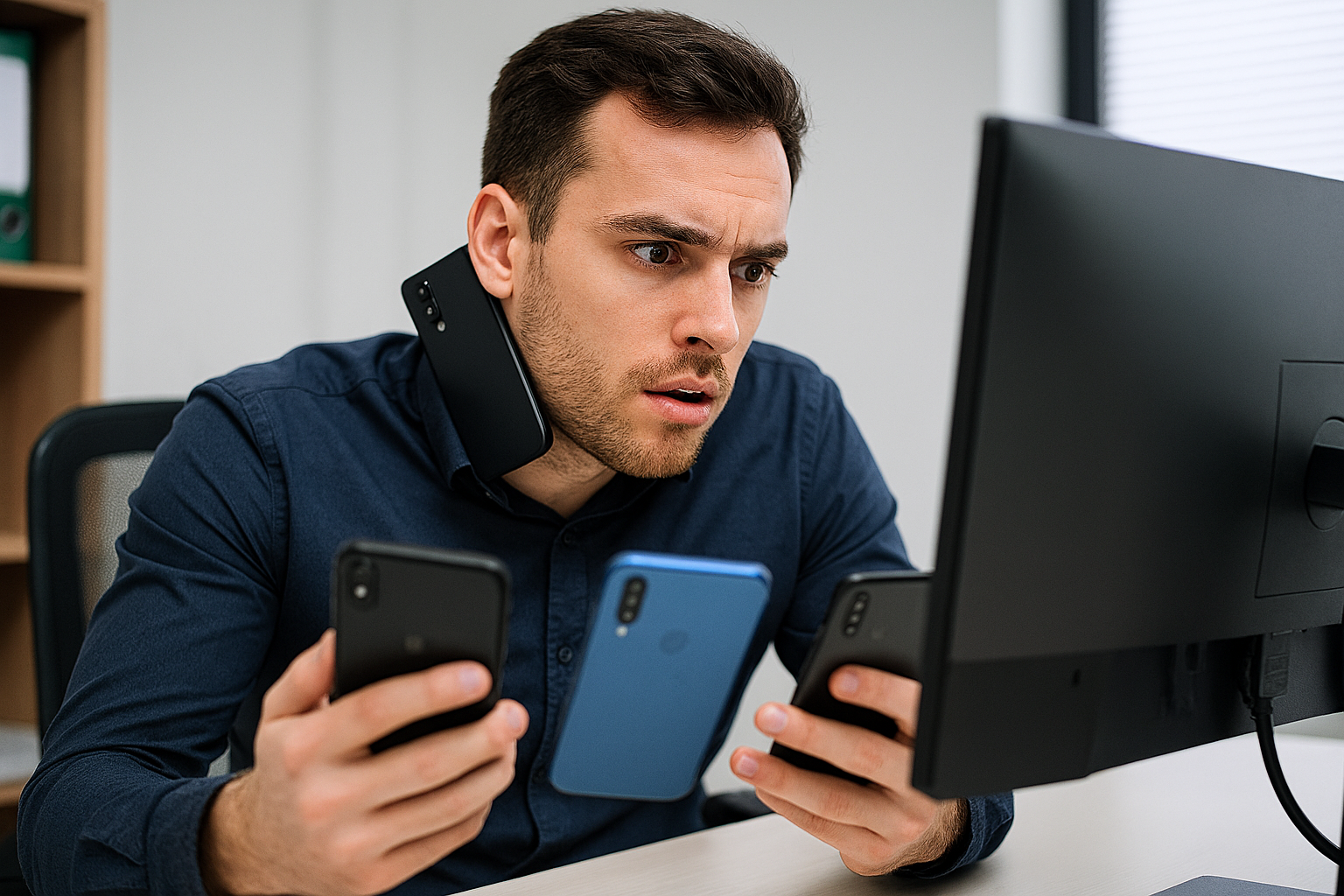 a man holding multiple phones while looking stressed staring at a computer