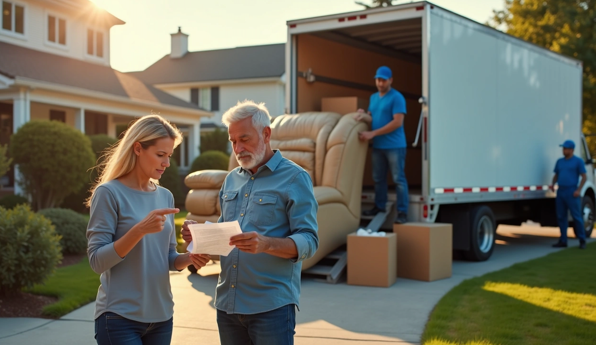 a couple reviewing their moving quote while movers load the moving truck