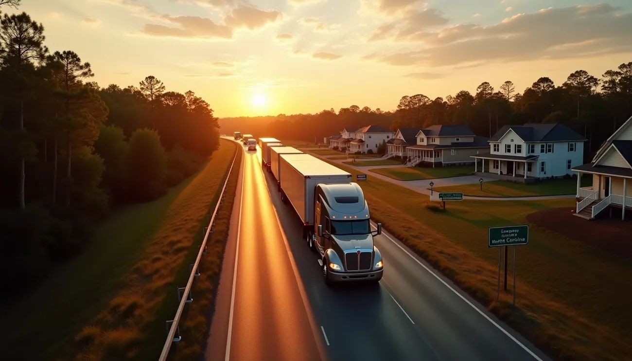 a moving truck on a rural road at sunset
