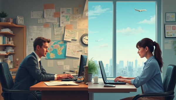 a travel agent sitting at a cluttered desk vs a woman booking a trip online