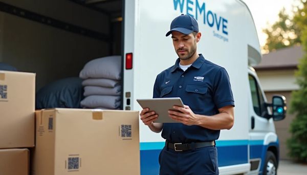 person standing in front of a wemove moving truck with an ipad