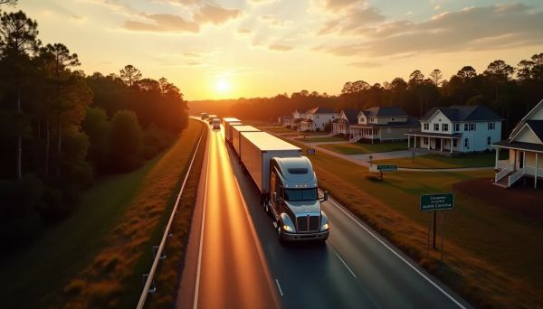 a moving truck on a rural road at sunset