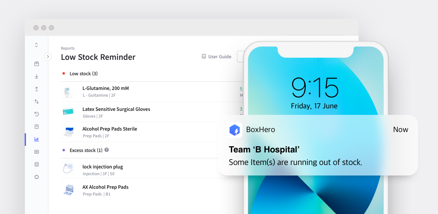 BoxHero low stock reminder report and mobile notification alert for hospital inventory