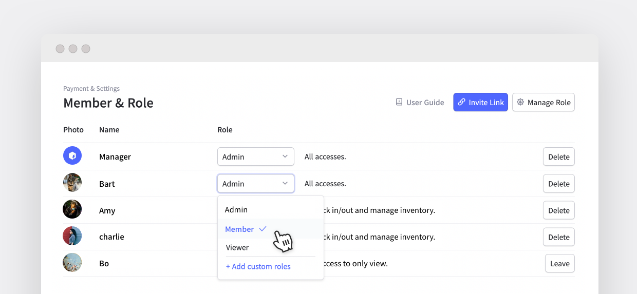 BoxHero member and role settings screen showing admin, member, and viewer permissions