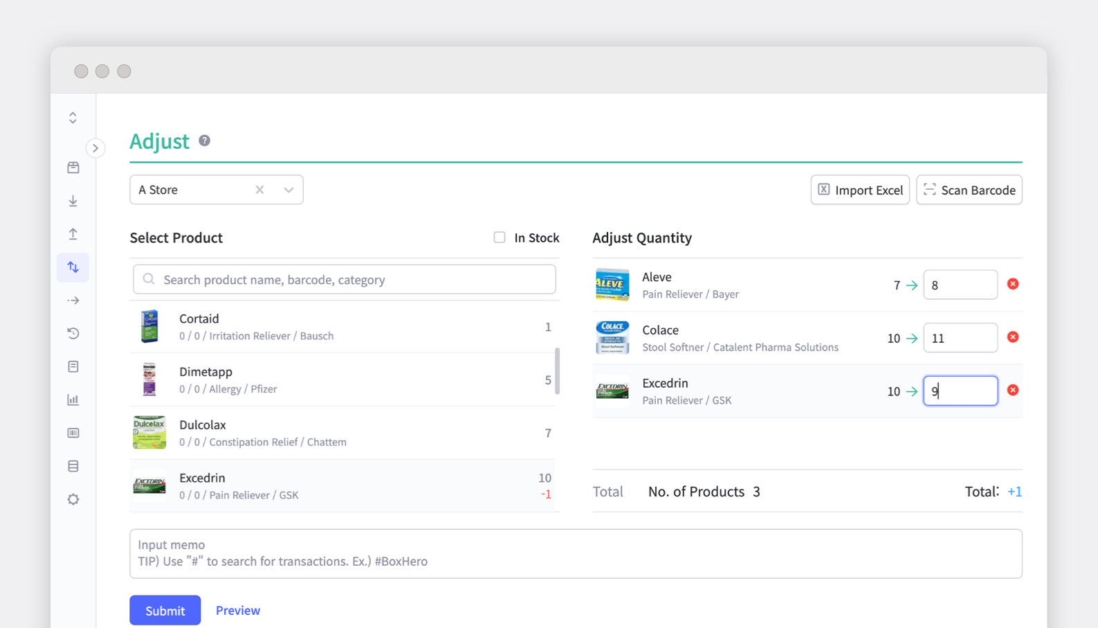 BoxHero adjust inventory screen updating quantities for Aleve, Colace, and Excedrin products