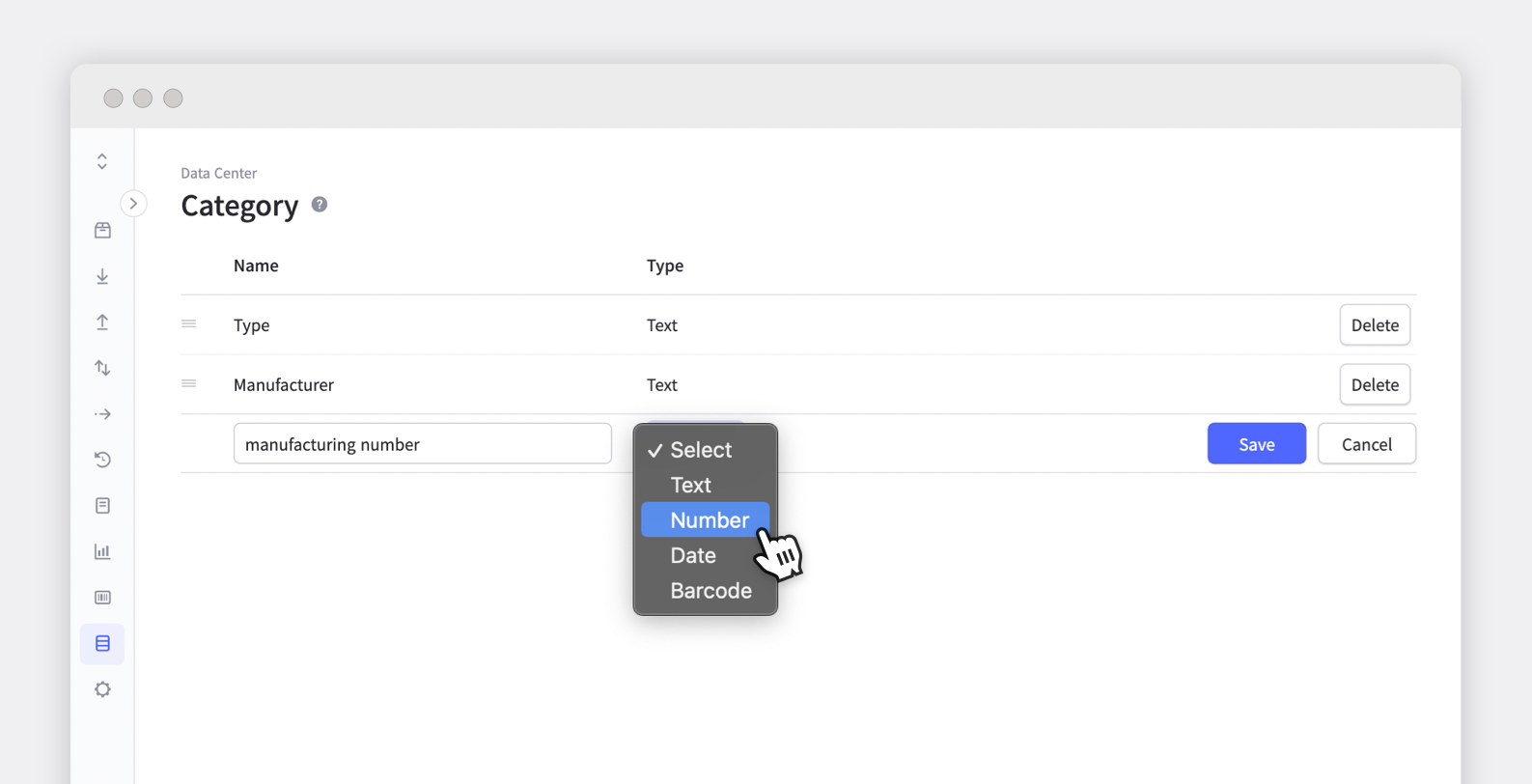 BoxHero category settings with options to define data fields as text, number, date, or barcode
