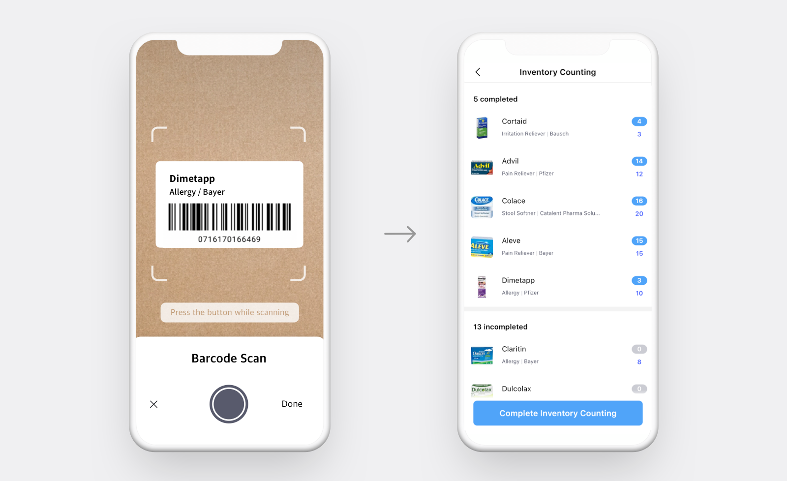 BoxHero barcode scanning of Dimetapp medicine linked to mobile inventory counting list