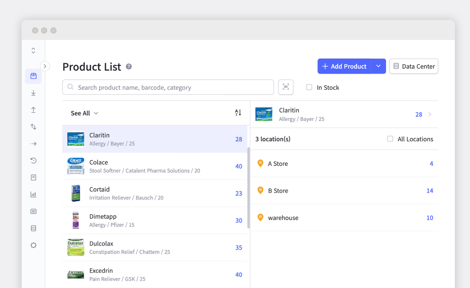 BoxHero product list showing Claritin, Colace, Cortaid, and other medicines with stock quantities across multiple locations