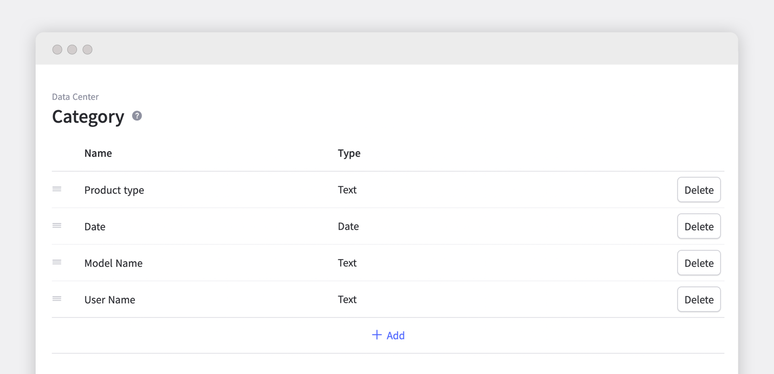 BoxHero product category form with product type, date, model name, and user name fields