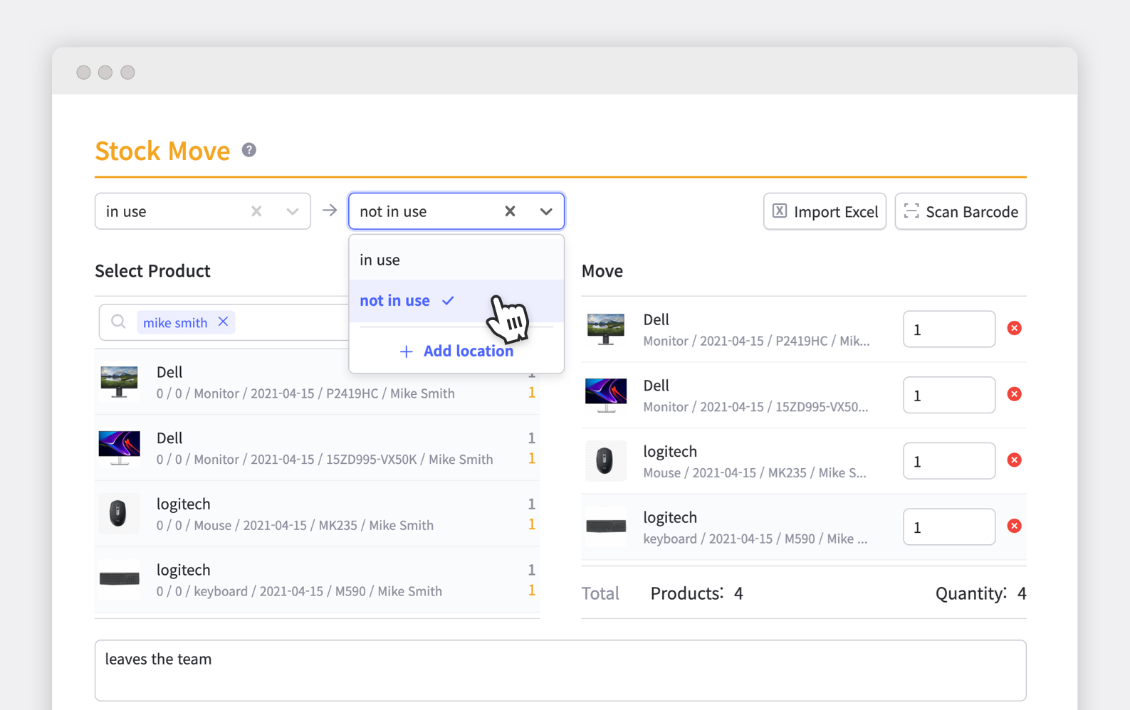 BoxHero stock move interface showing product transfer between in use and not in use locations