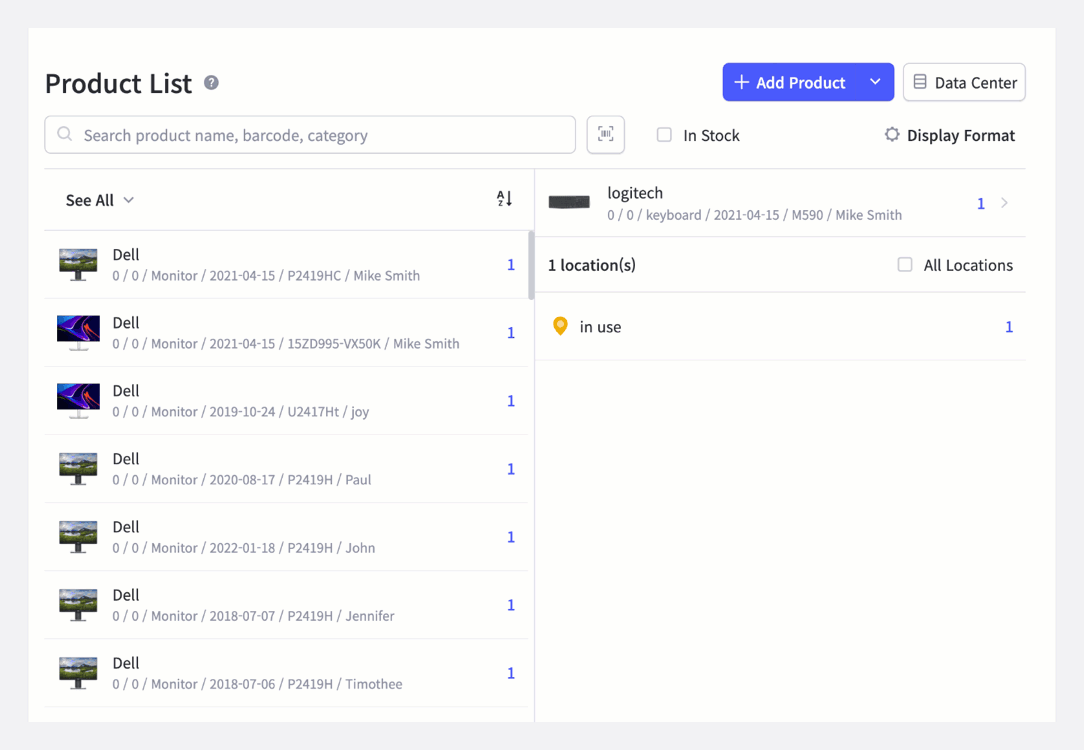 GIF: BoxHero product list search results showing Dell monitors and logitech keyboard with stock details