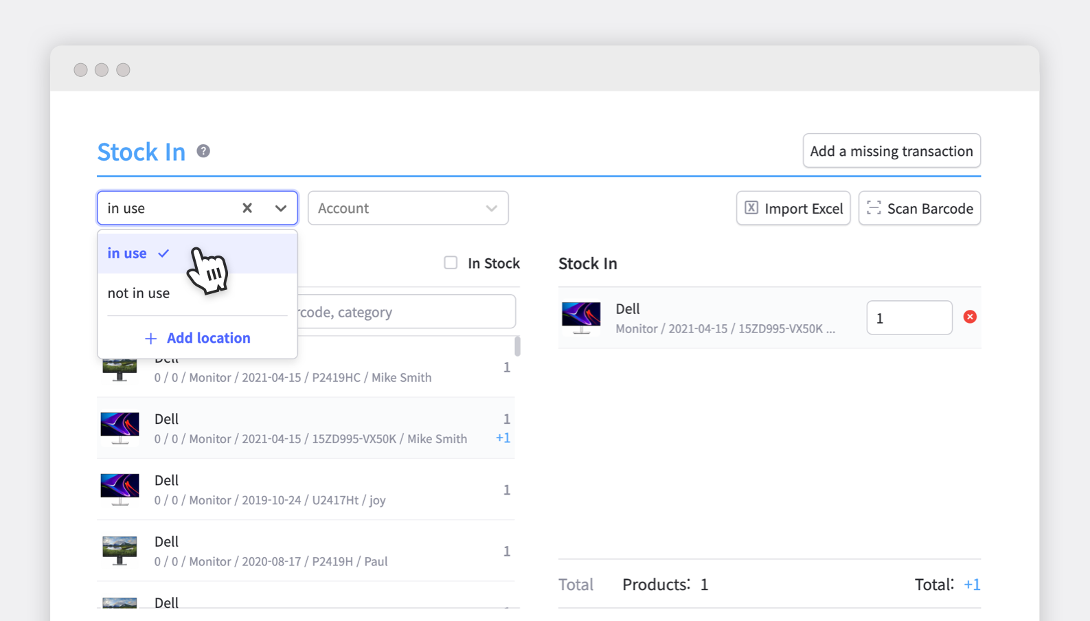 BoxHero stock in management screen with product list, location filter, and barcode scan option