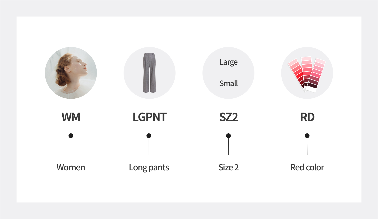 Product attribute examples showing women’s clothing, long pants, size 2, and red color options