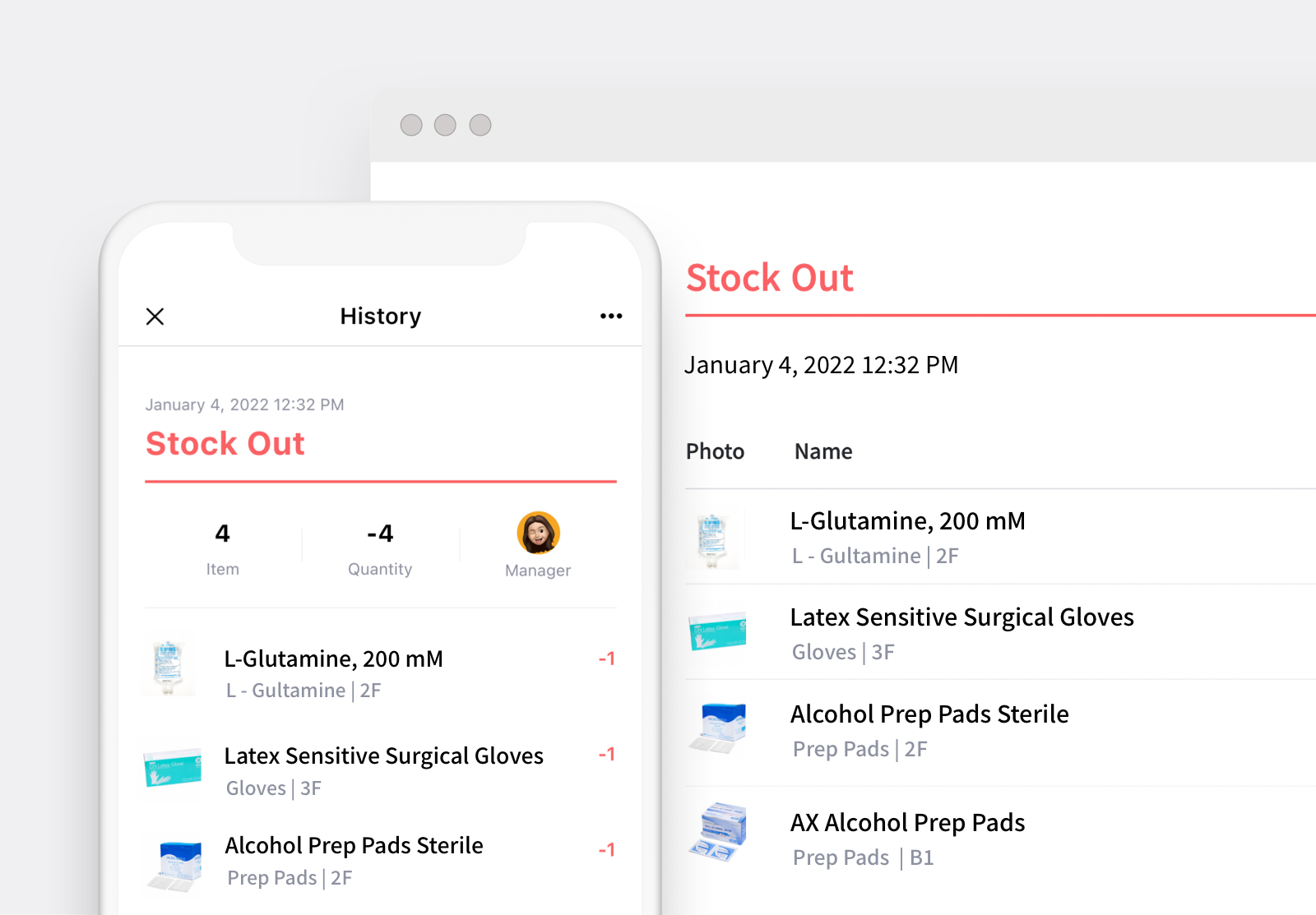 BoxHero stock out report on mobile and desktop showing out-of-stock items including L-Glutamine, surgical gloves, and prep pads