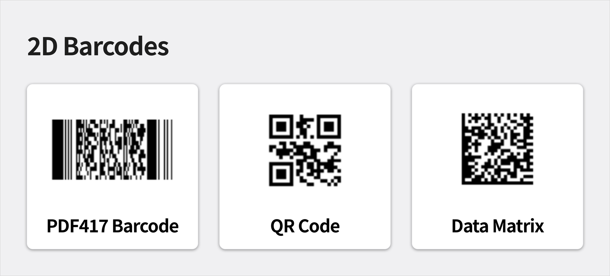 Images of PDF417, QR Code, and Data Matrix
