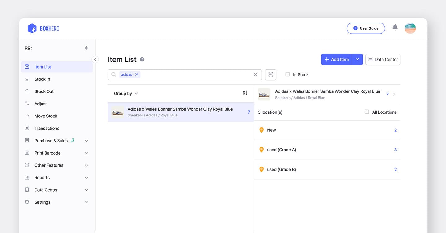 BoxHero Web UI - Item List with Adidas Sneakers Across Locations