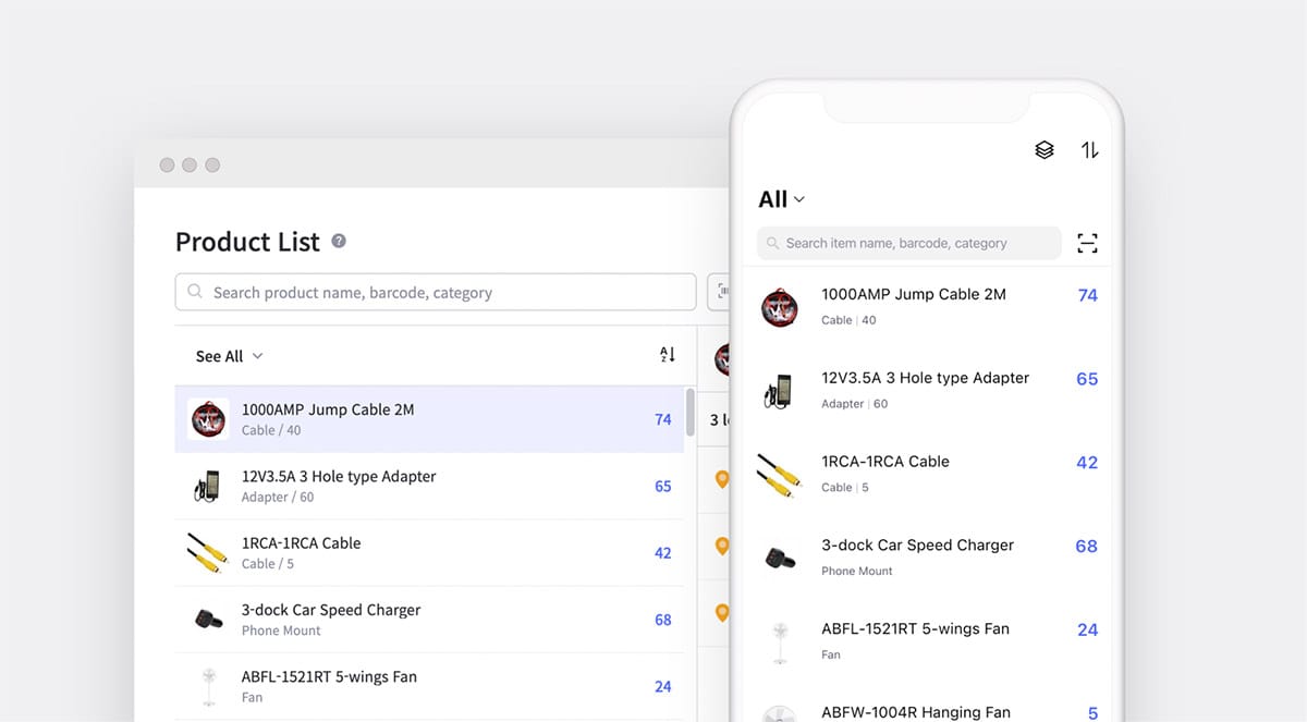 BoxHero product list screen with searchable items, categories, and stock quantities on desktop and mobile