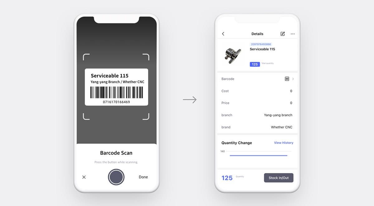 BoxHero mobile app barcode scanning feature linking product barcode to stock in and out details