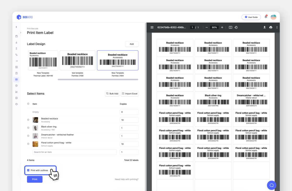 BoxHero barcode label printing screen with item templates and preview