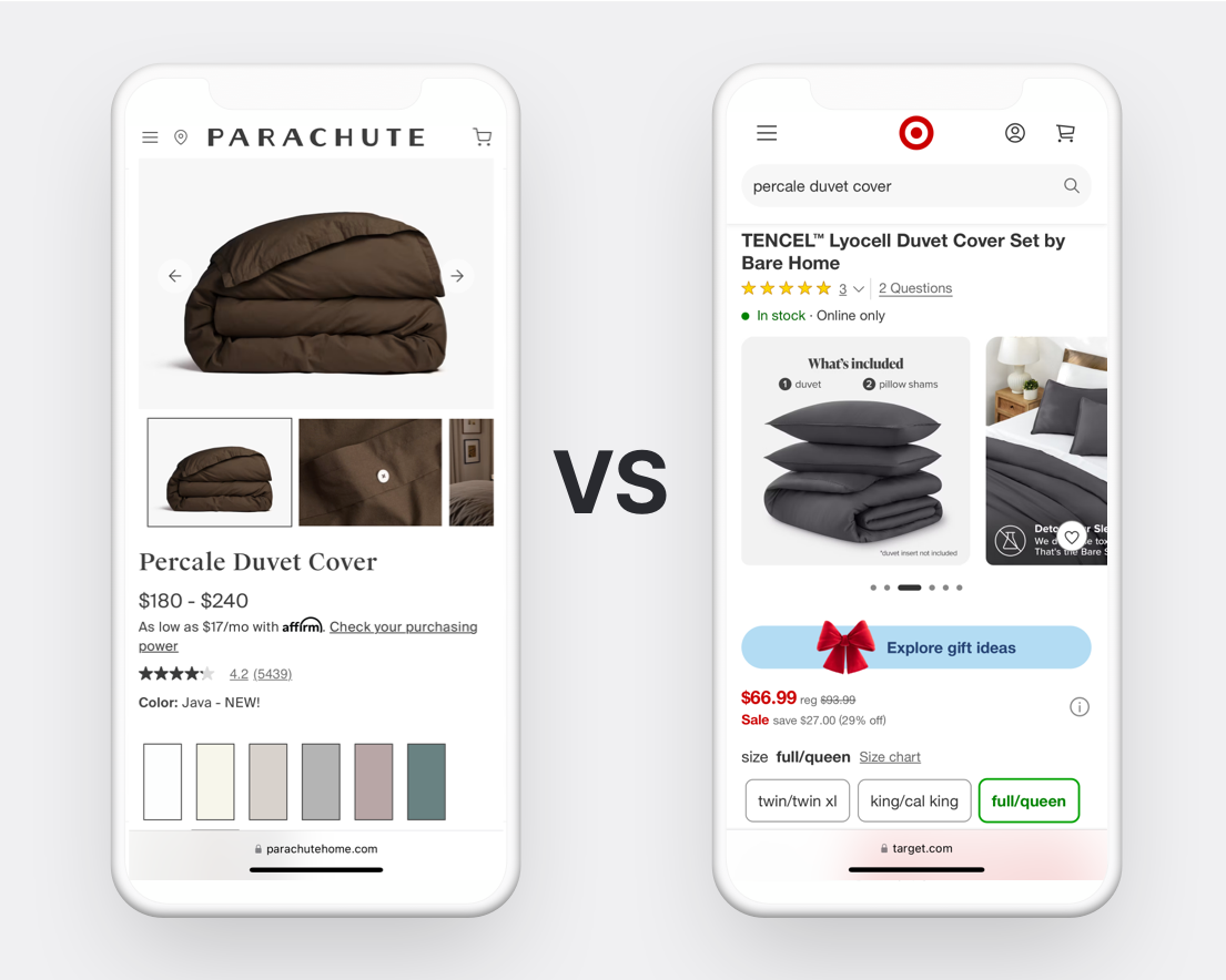Mobile Screenshots: Luxurious bed sheets from Parachute vs. Basic bedding set from Target