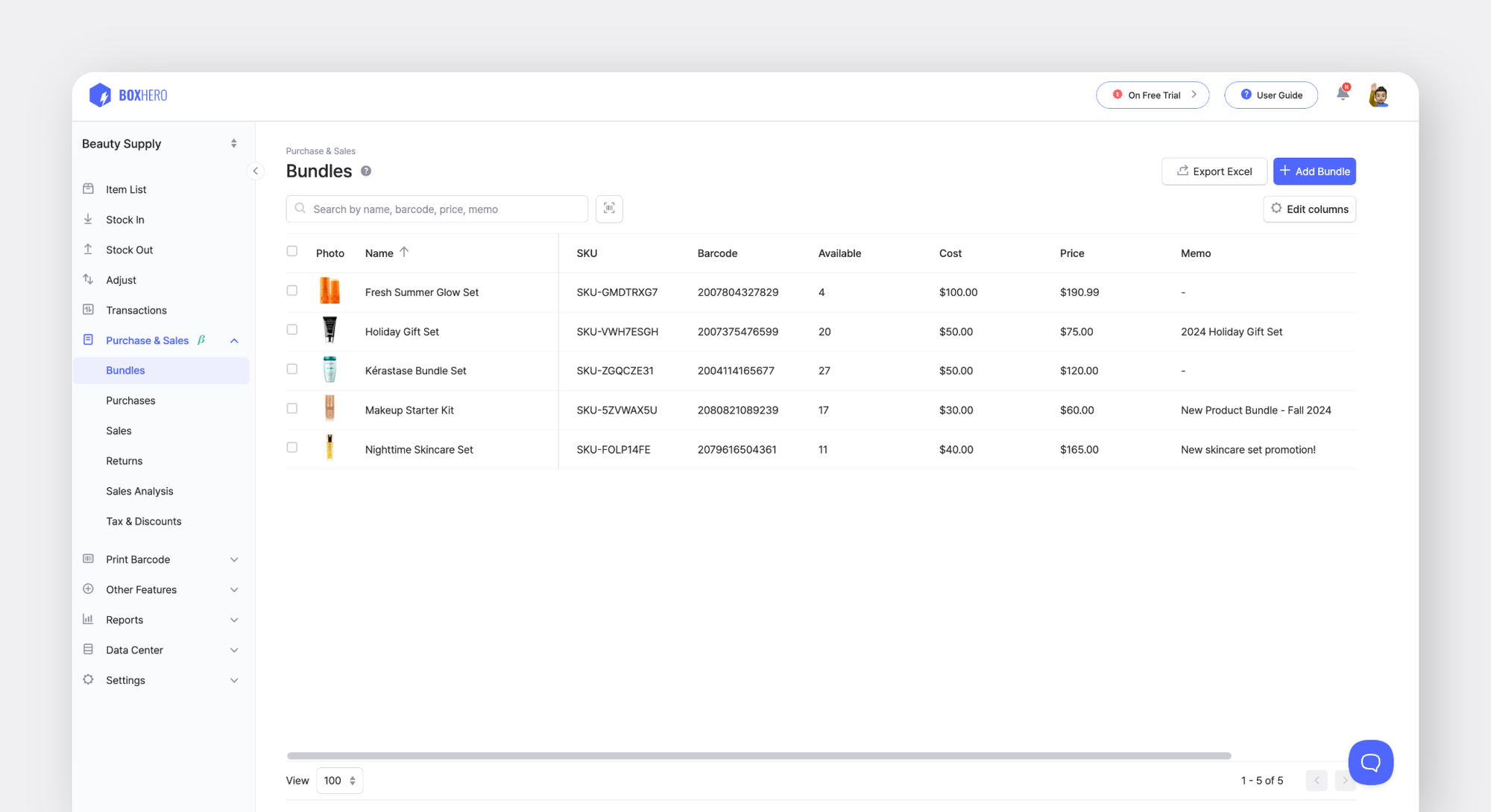 You can easily group items into a single bundled product using BoxHero’s Bundles feature.