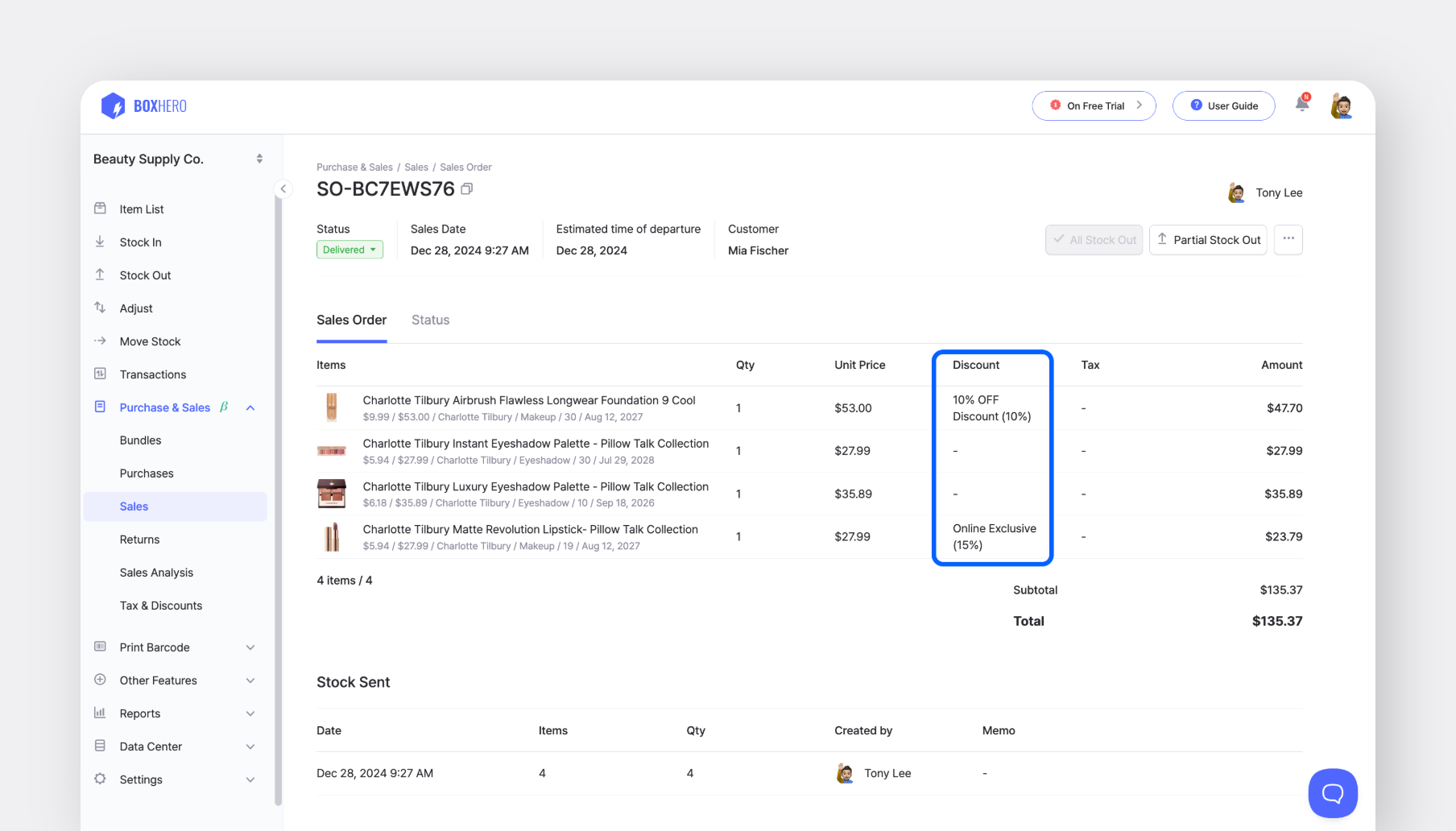 You can easily apply discounts to orders and sales invoices under BoxHero’s Purchase and Sales feature.