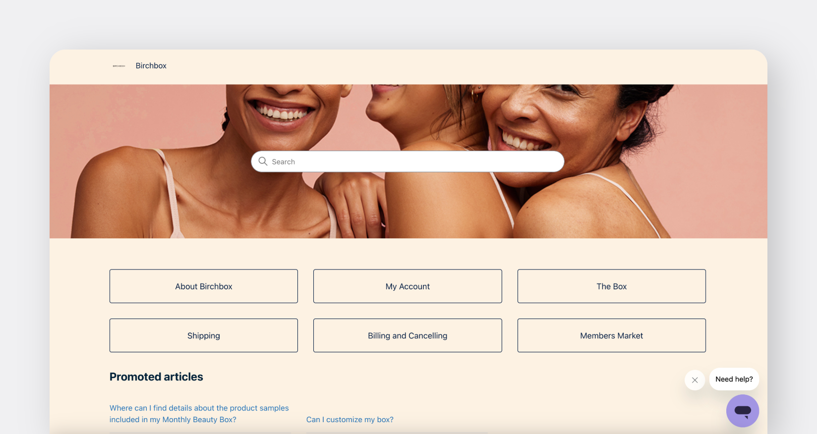 Birchbox lets users browse FAQs grouped into different categories.