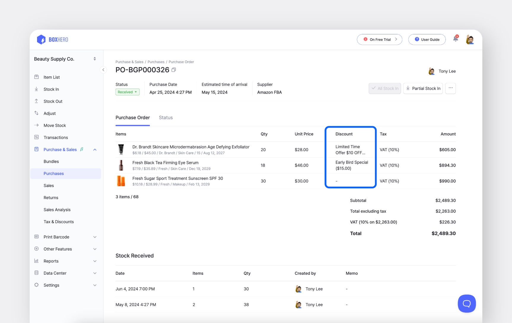 BoxHero’s Purchase & Sales feature allows users to easily manage discounts for subscription orders and invoices.