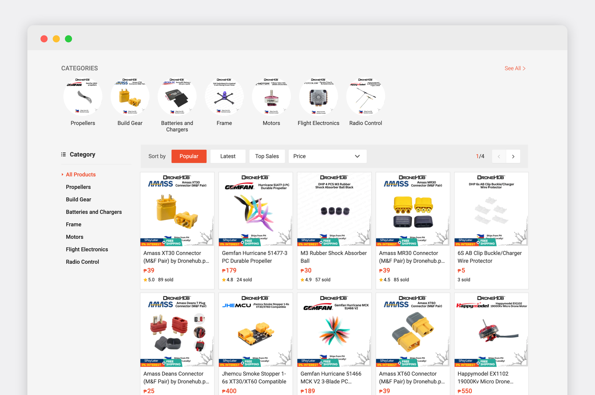 Product catalog of FPV drone parts and accessories listed on DroneHub PH's Shopee store for hobbyists and enthusiasts.