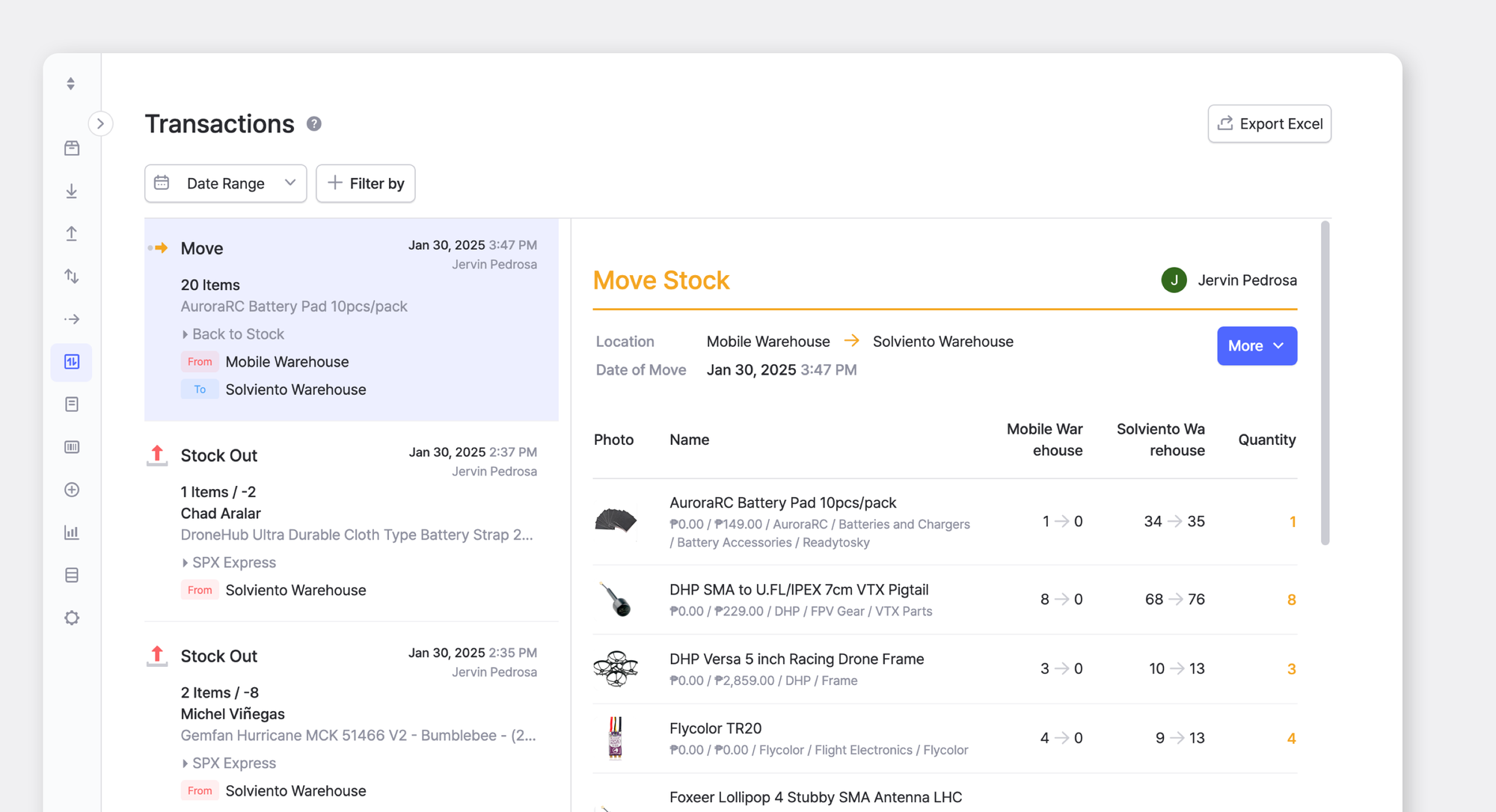 DroneHub PH’s transaction history on BoxHero, showcasing how inventory is efficiently moved between their main storage and "mobile warehouse" during drone racing events.
