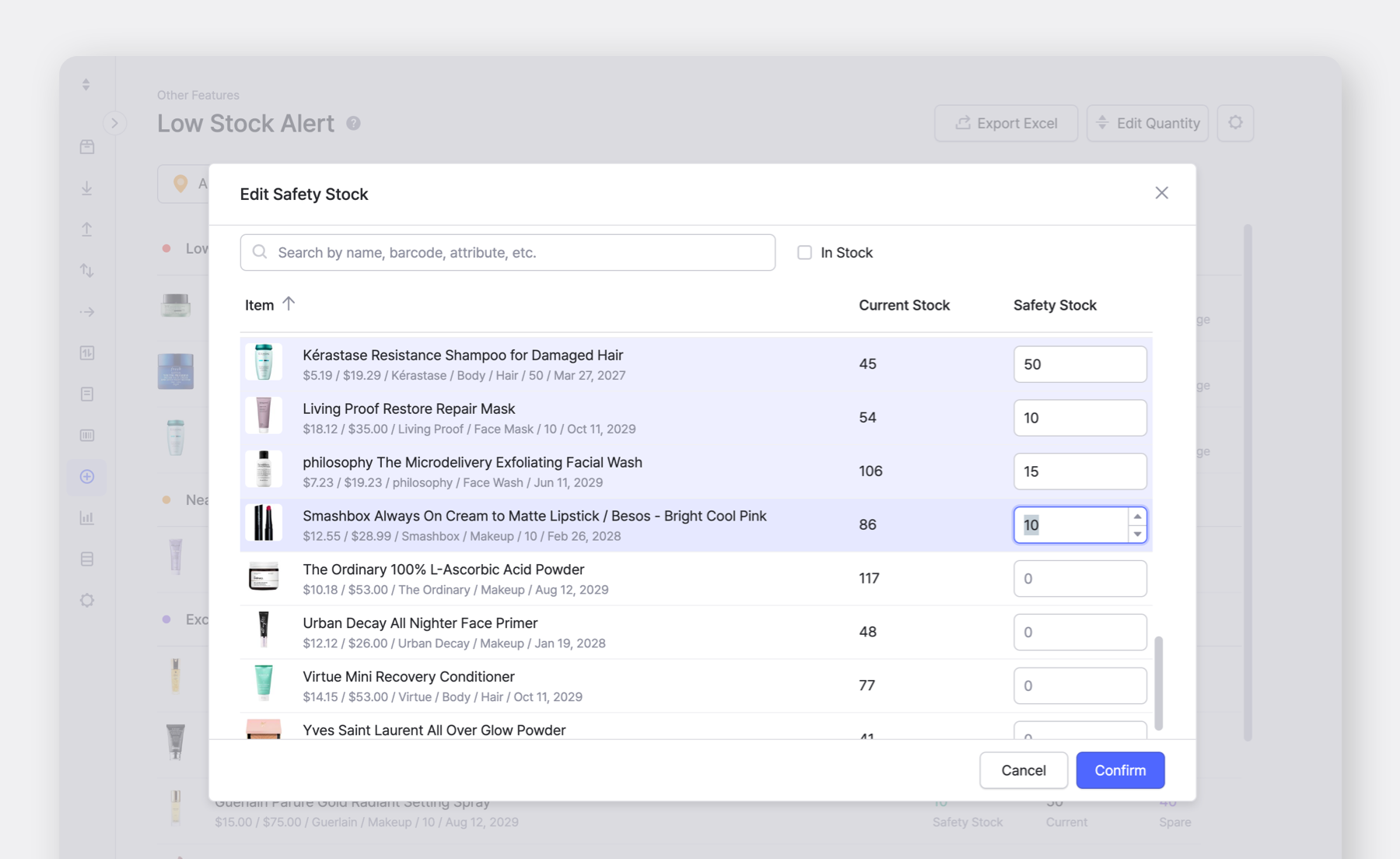 BoxHero UI: Setting up Safety Stock Attribute for Low Stock Alerts