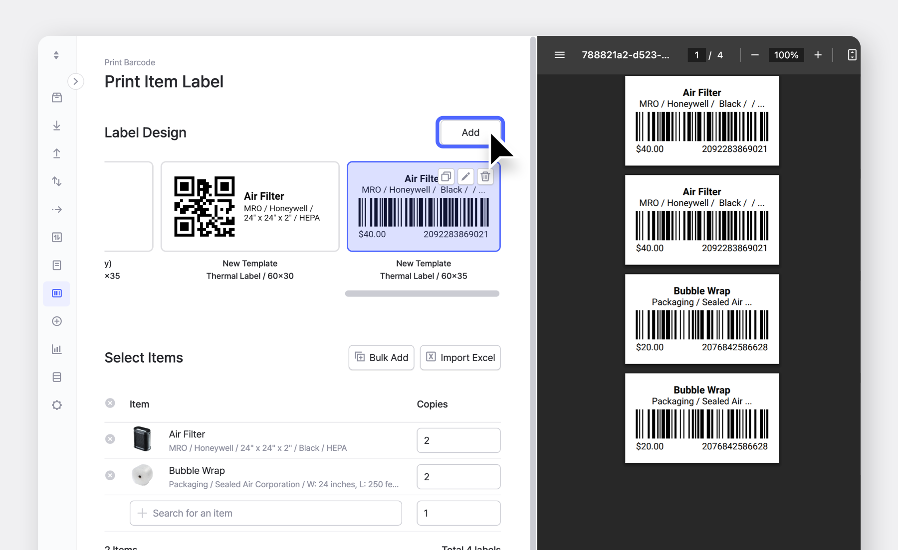 BoxHero UI: Add Attribute Values to Barcode Labels in Item Label Printing