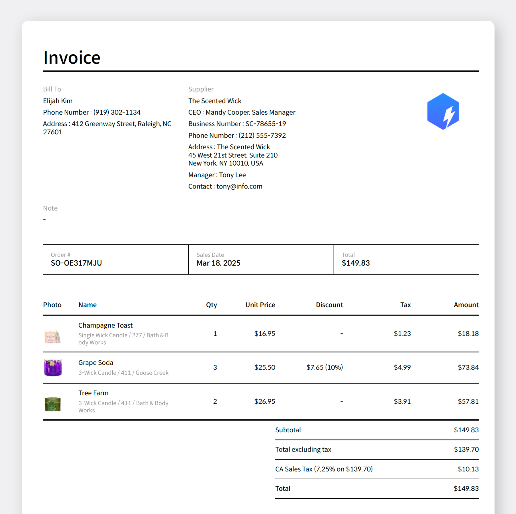 BoxHero Sample Invoice: Attribute Values in Sales Orders