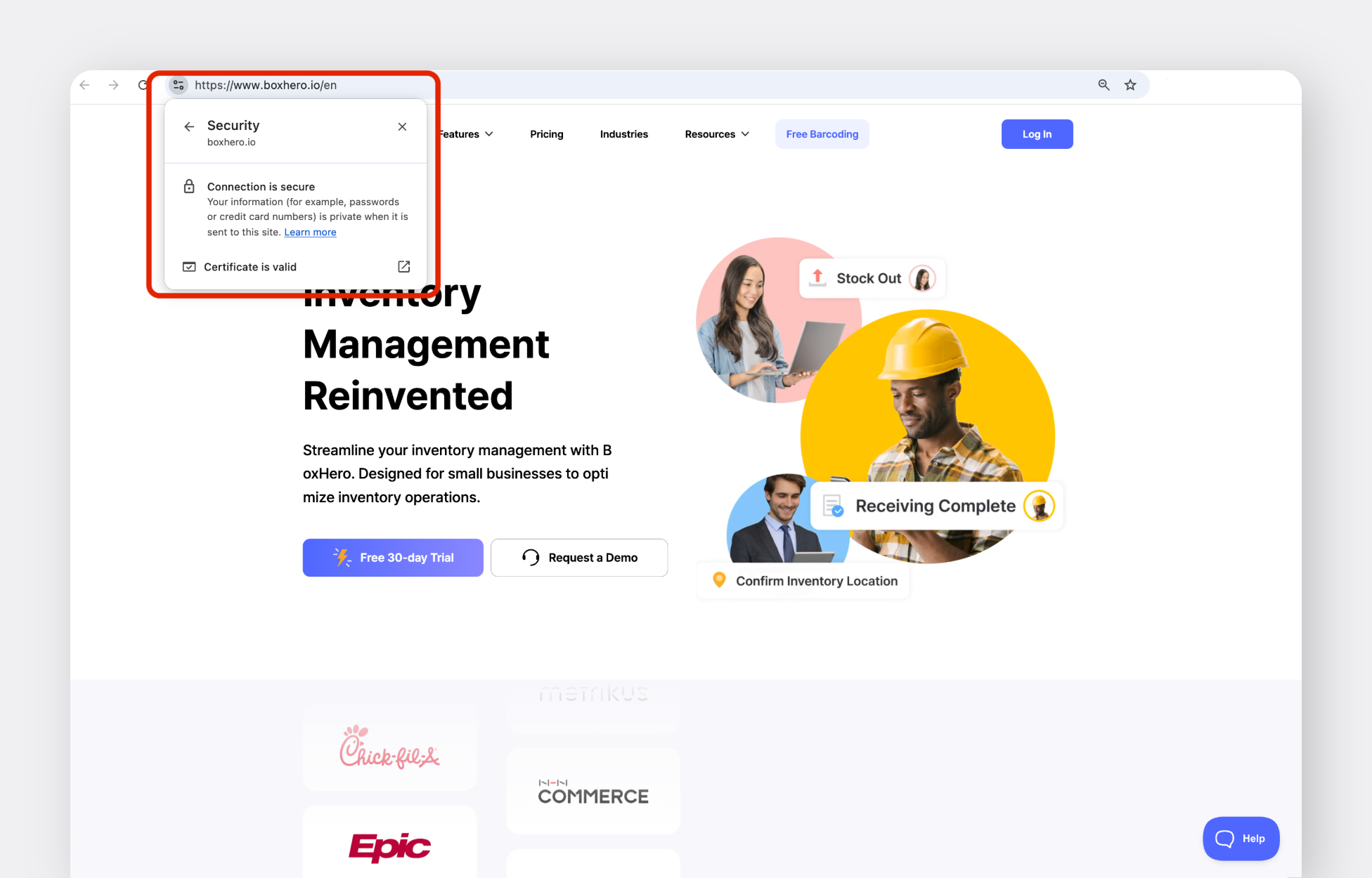BoxHero’s SSL certificate displayed alongside a URL with HTTPS, indicating a secure connection for users.
