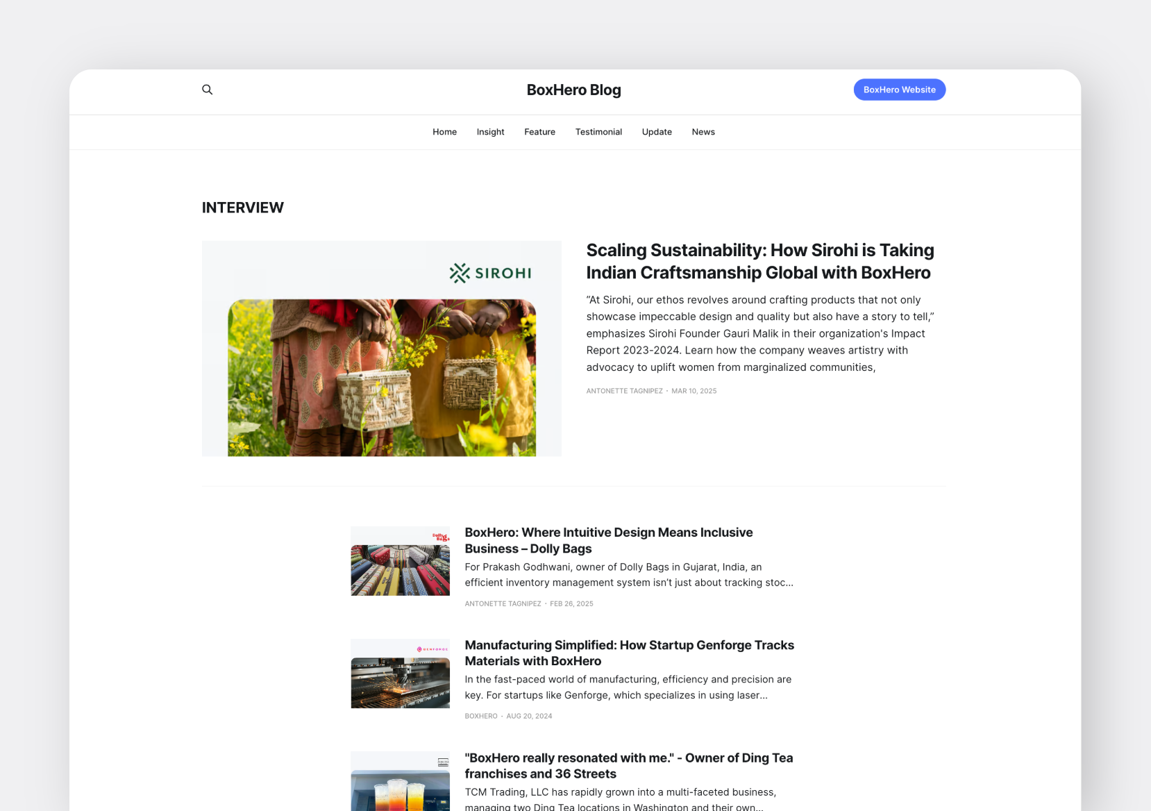 BoxHero’s customer testimonial page showcasing interviews and success stories from users, highlighting their experiences with the solution.