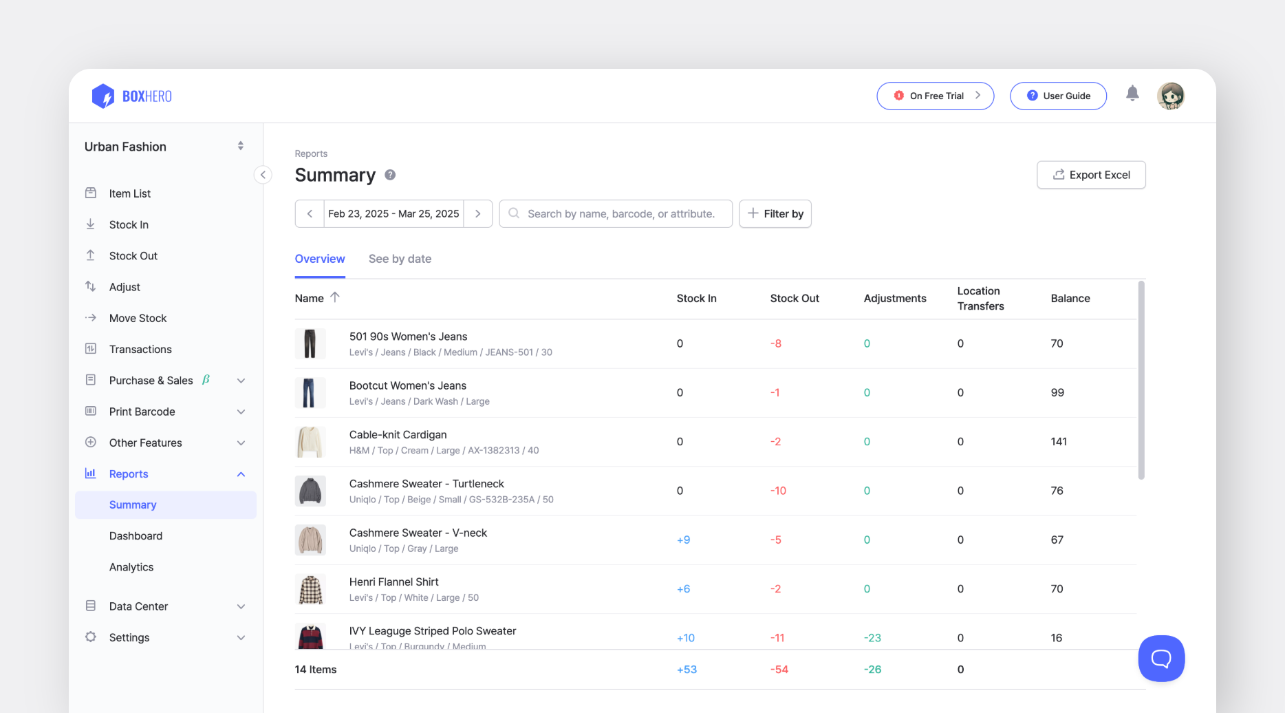BoxHero Summary report displaying stock in/out, adjustments, and balance for various items over a selected date range.