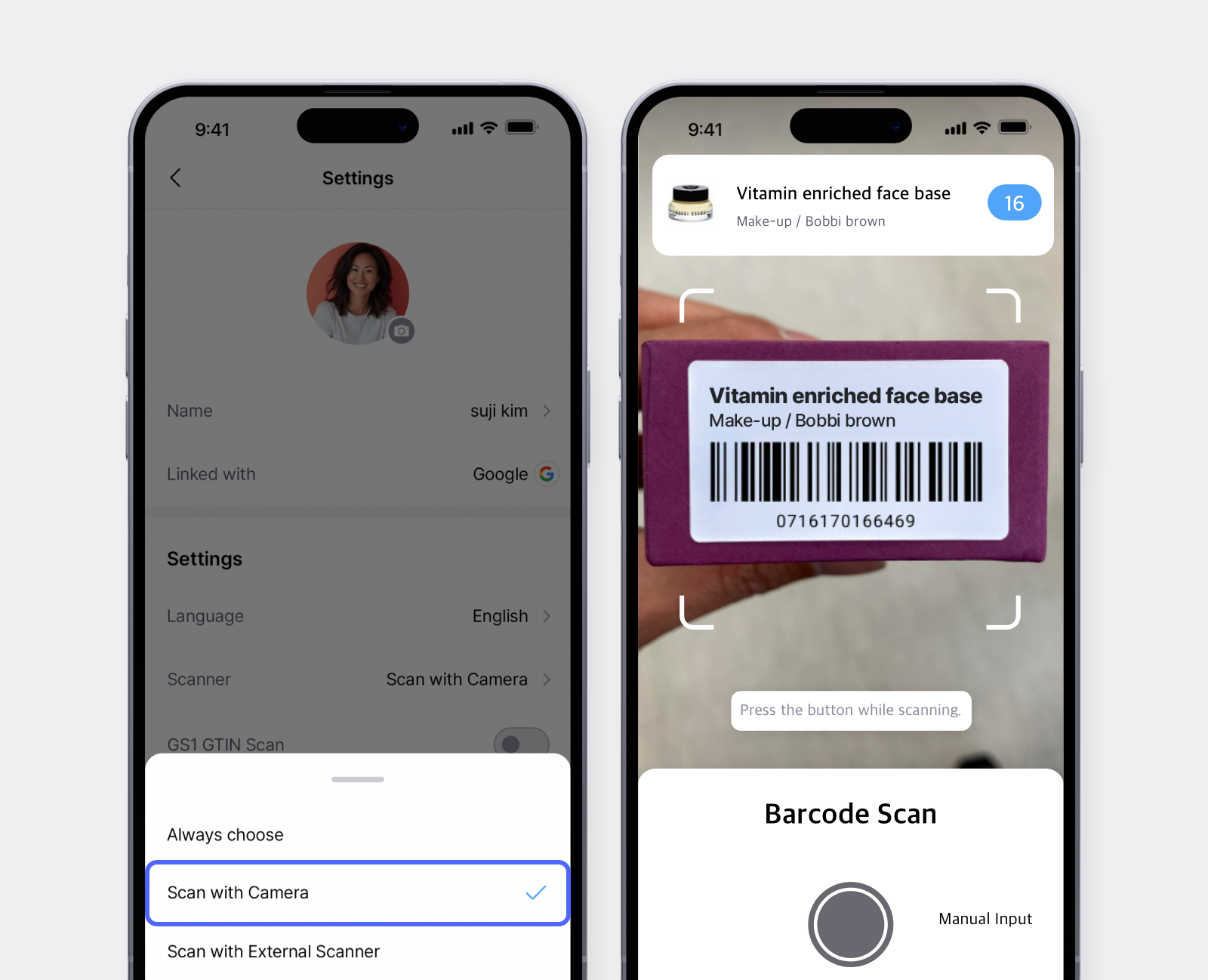 BoxHero Mobile UI Screenshots: Scan Barcode with Phone Camera