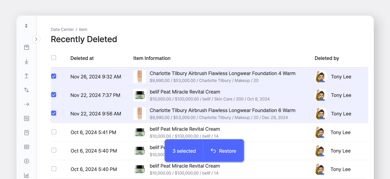 BoxHero Web Screenshot: Recently Deleted Items