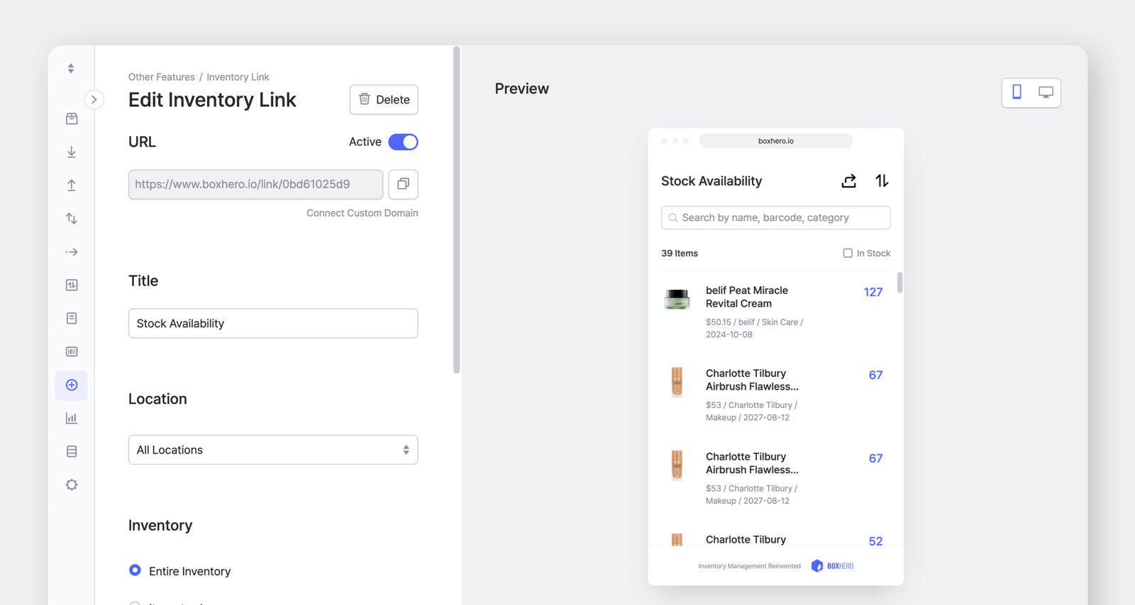 BoxHero Web Screenshot: Edit Inventory Link