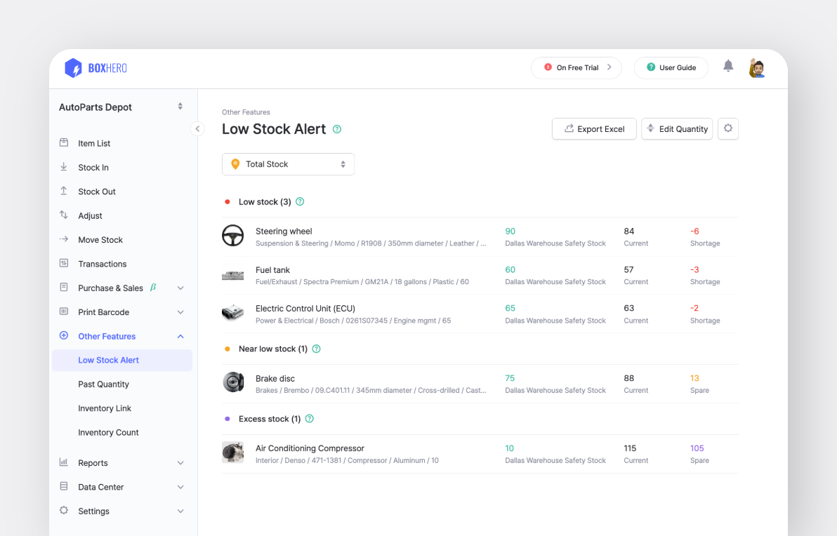BoxHero UI: Low Stock Alert & Safety Stock