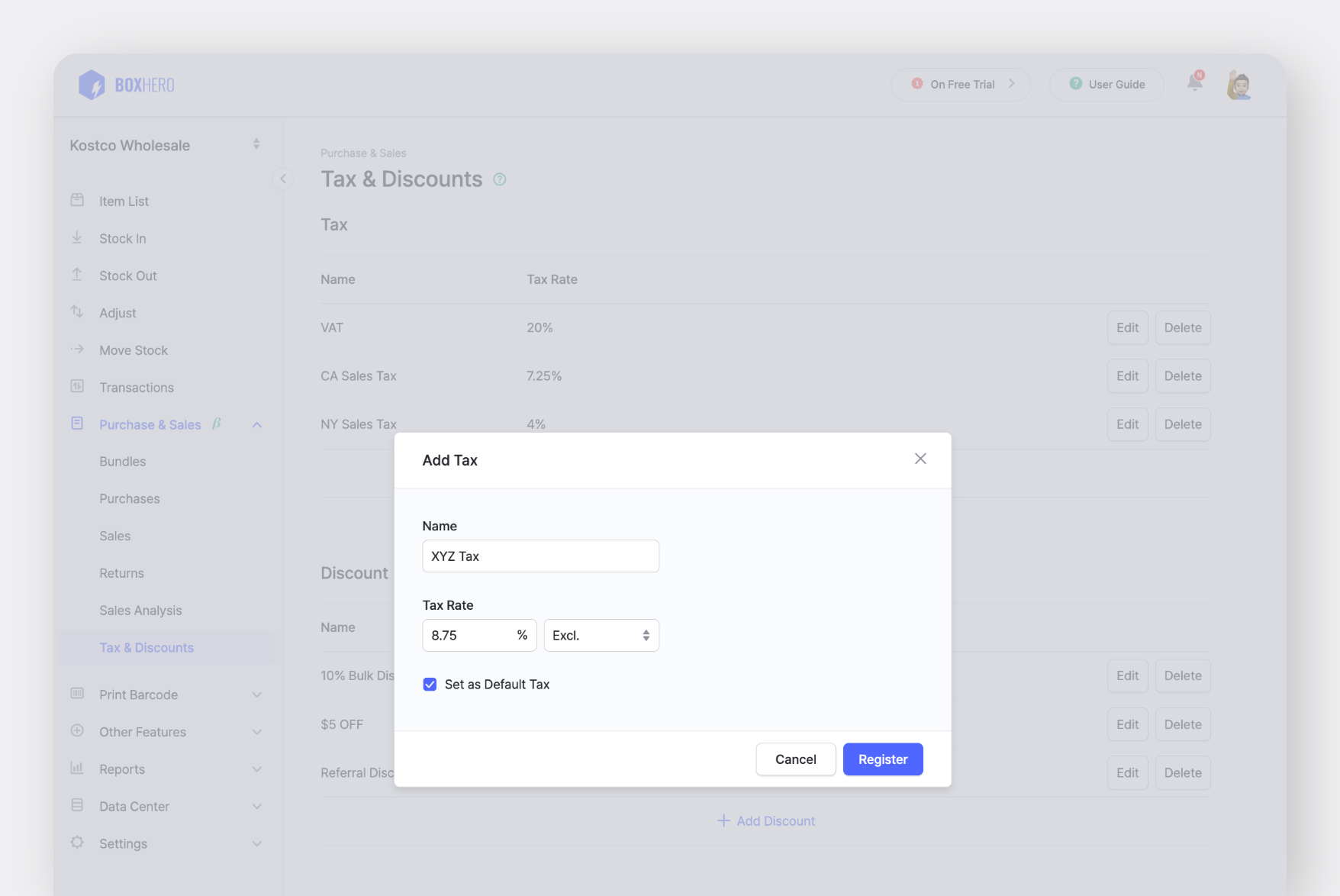 BoxHero Web: Setting a Default Tax Rate