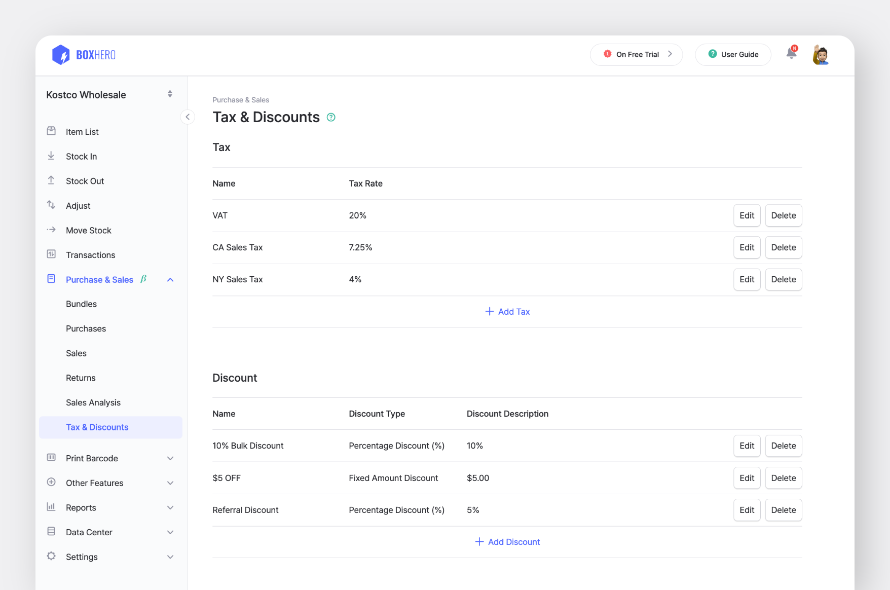 BoxHero Web: Tax & Discounts in Purchase & Sales