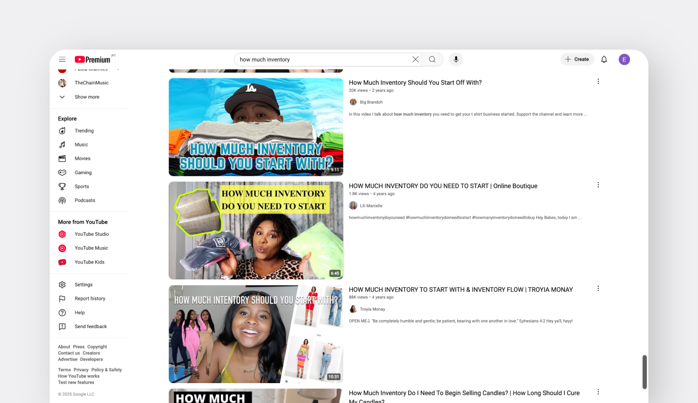 Screenshot of YouTube search results for 'how much inventory,' showing video thumbnails and titles from creators.