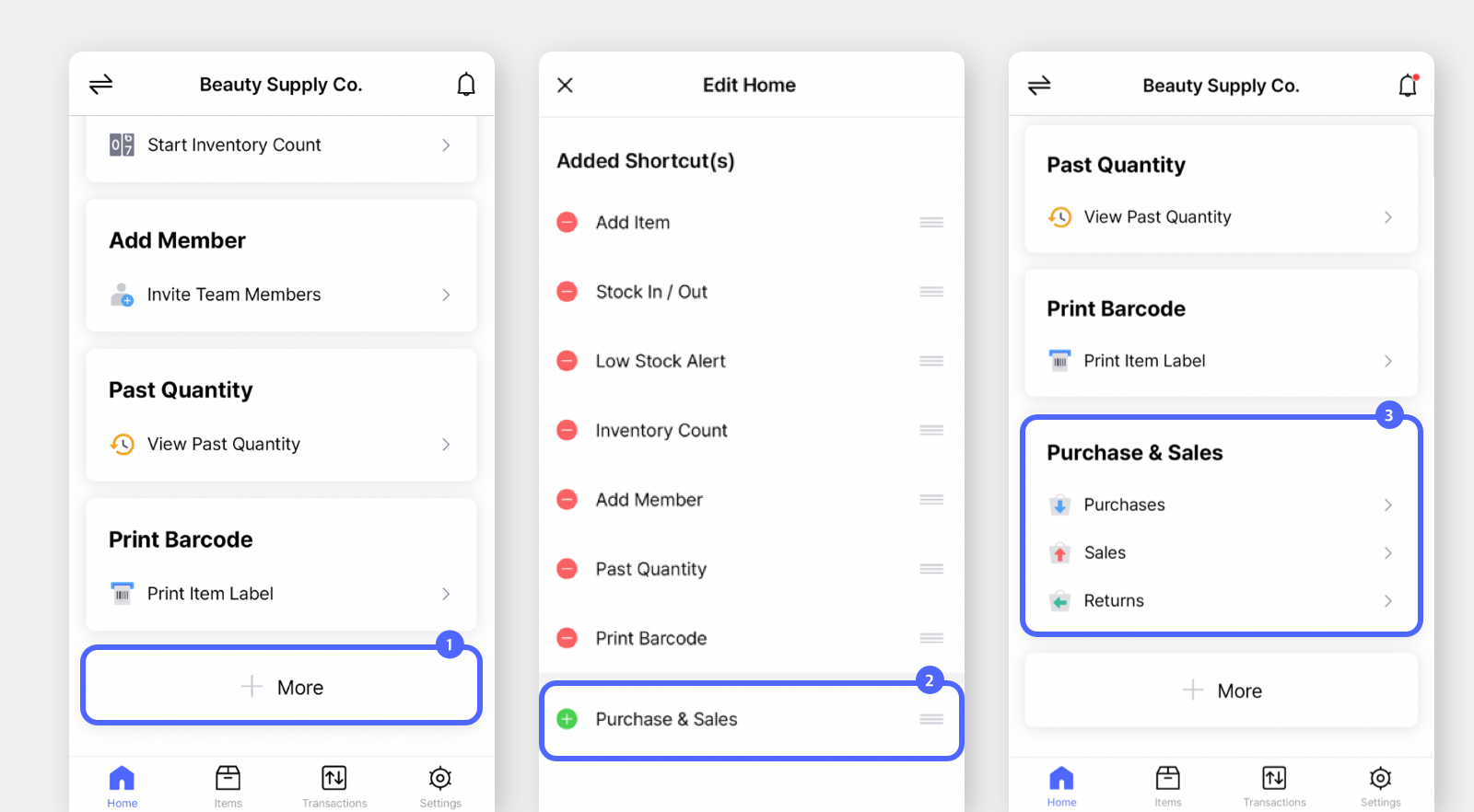 BoxHero Mobile Screen: Adding Purchase & Sales to Shortcuts