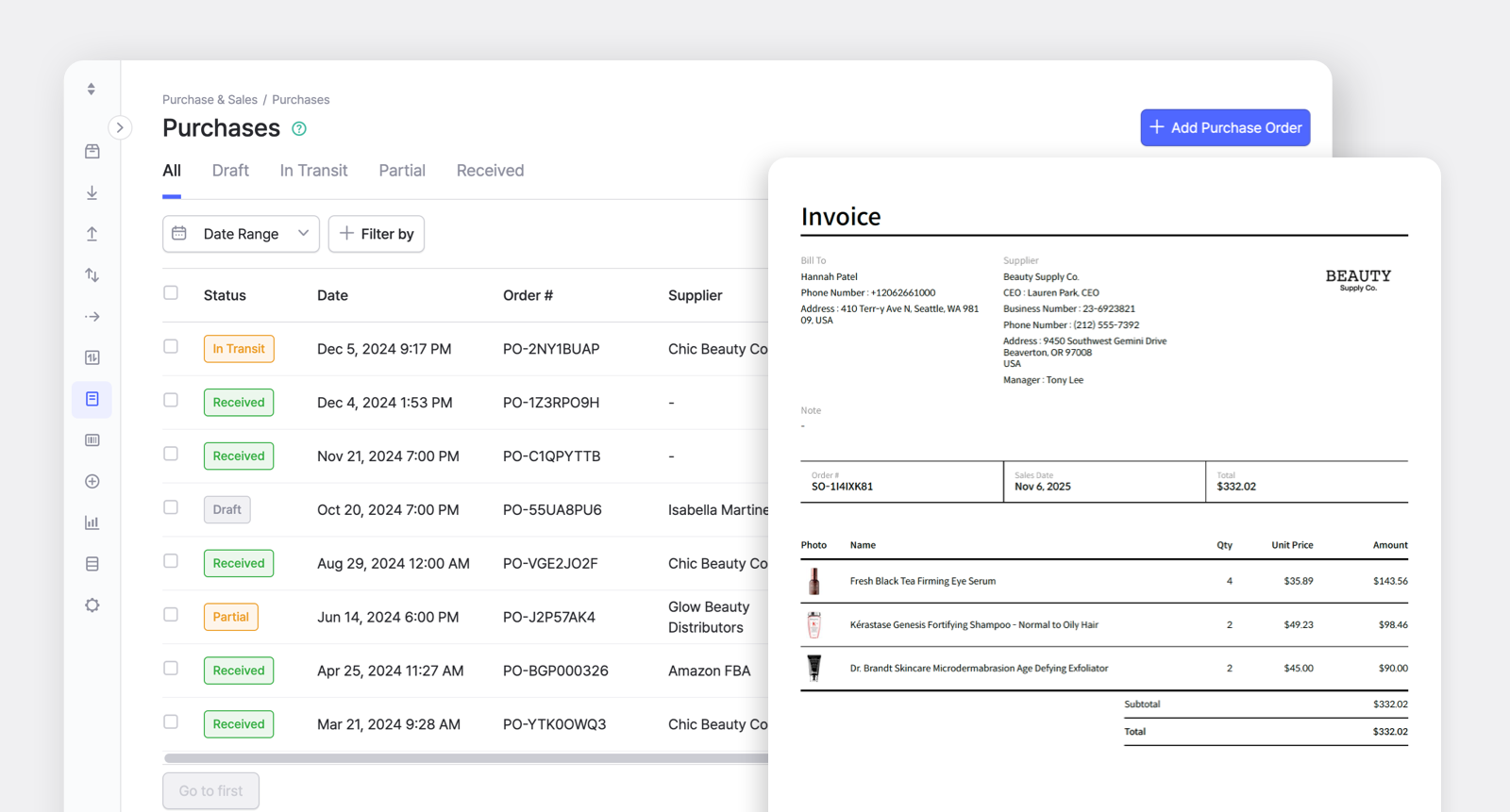 BoxHero Desktop Screen: Purchase & Sales Feature