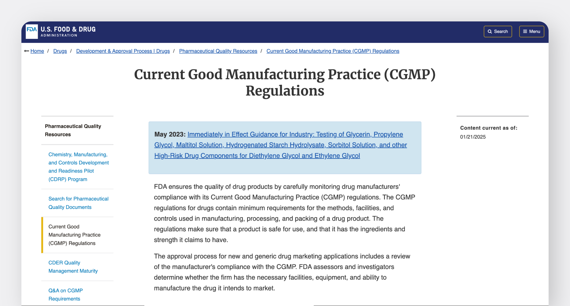 Screenshot of the US Foods & Drugs (FDA) Current Good Manufacturing Practice (CGMP) regulations.