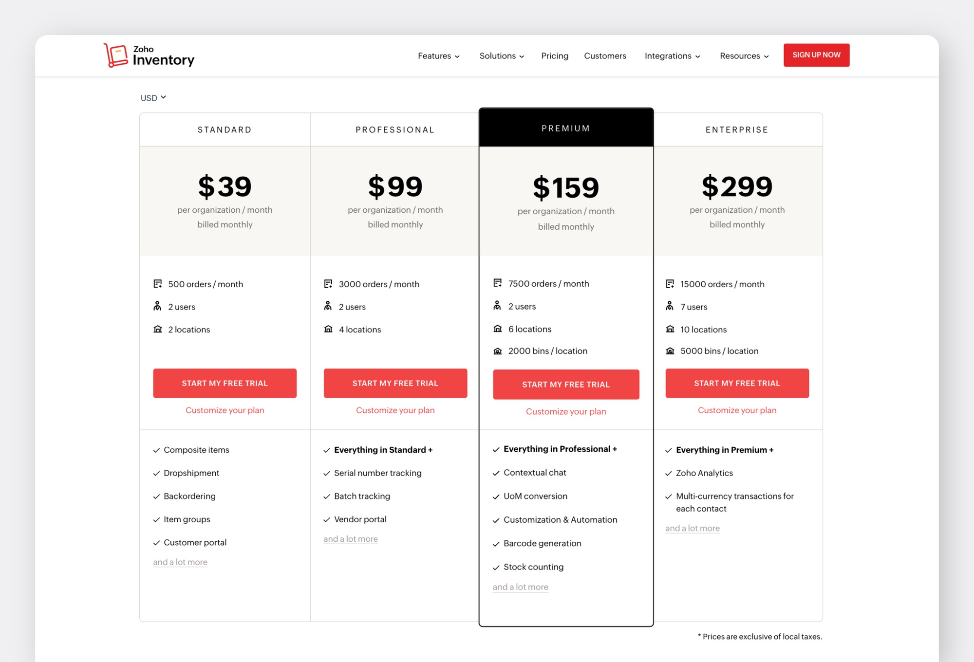 Zoho Inventory Website - Pricing Page