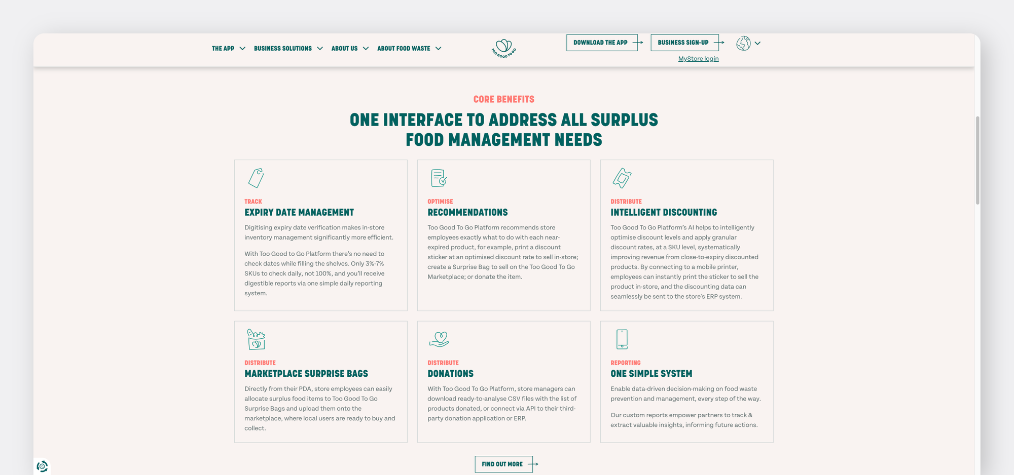 Too Good To Go dashboard highlighting features for surplus food management like expiry tracking and discounting.